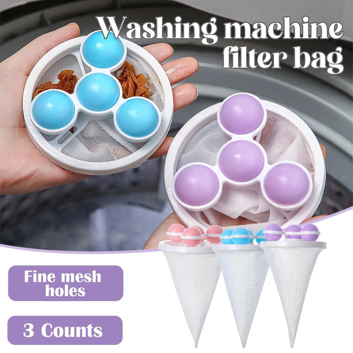 Floating Washing Machine Hair Catcher, Reusable Mesh Lint Filter Bags for Pet Hair, Fur and Laundry Debris, Washer Lint Traps for Top-Load Washers, Blue Pink Purple