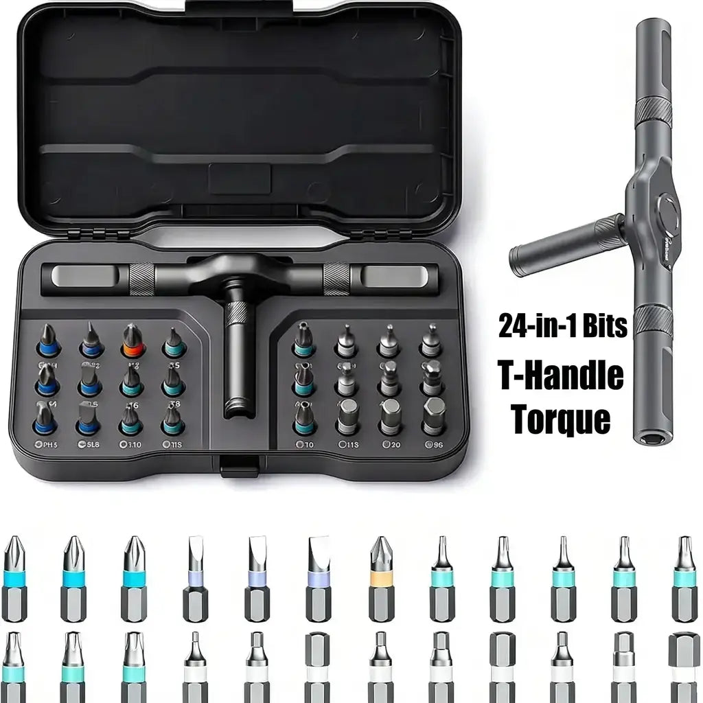 Magnetic Ratcheting Screwdriver Bit Set, 24/42-Piece Multifunctional Repair Tool Kit with T-Handle, Compact Storage Case for Furniture, Bikes & Electronics