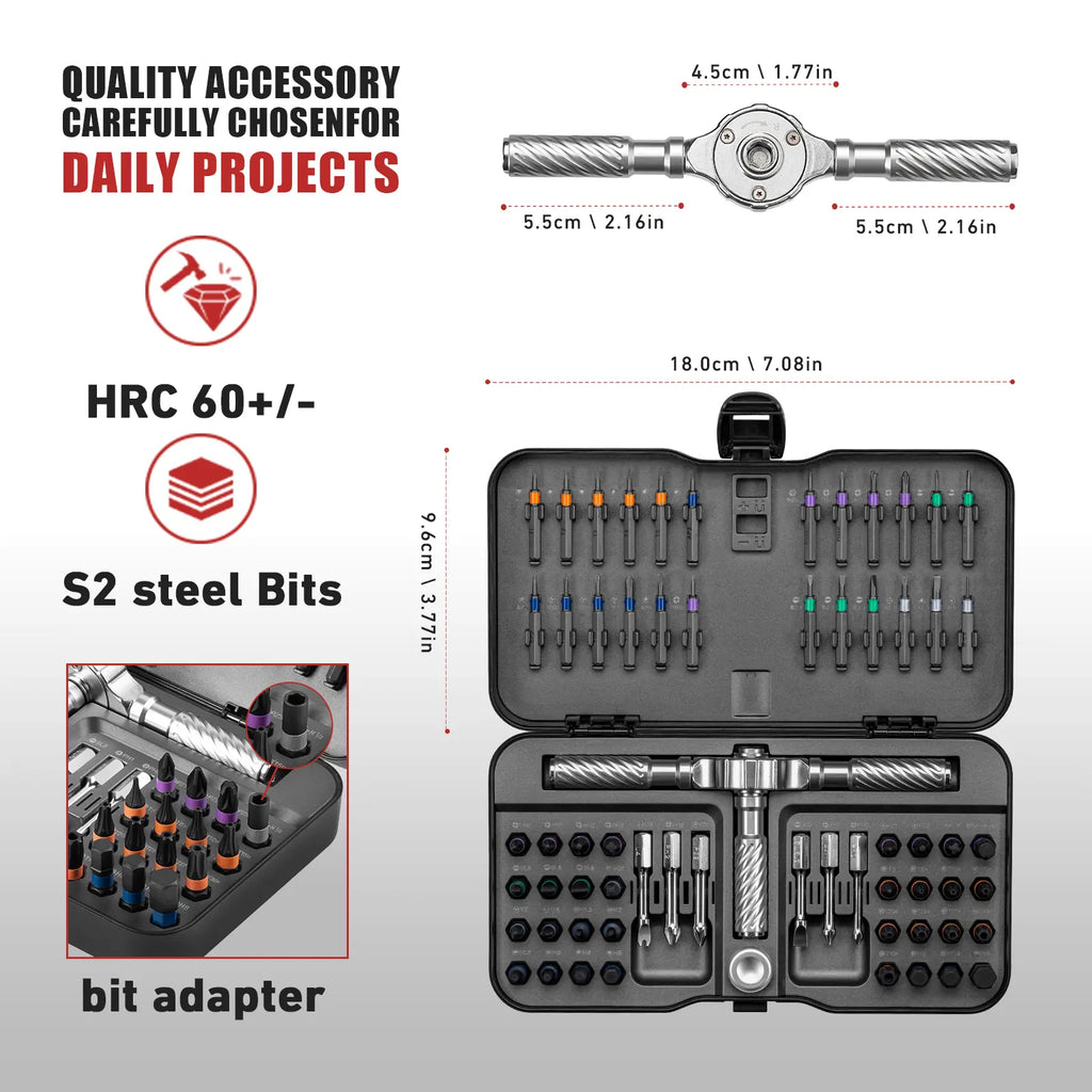 Magnetic Ratcheting Screwdriver Bit Set, 24/42-Piece Multifunctional Repair Tool Kit with T-Handle, Compact Storage Case for Furniture, Bikes & Electronics