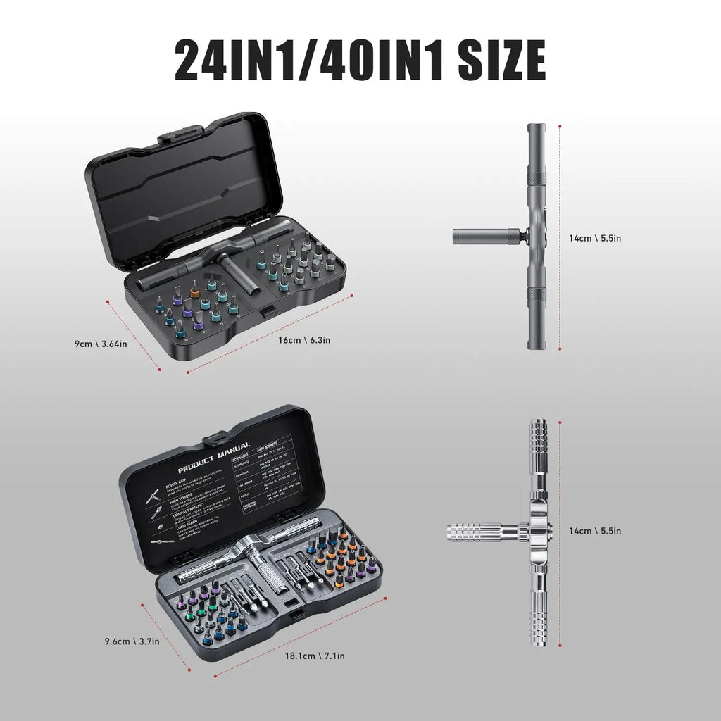 Magnetic Ratcheting Screwdriver Bit Set, 24/42-Piece Multifunctional Repair Tool Kit with T-Handle, Compact Storage Case for Furniture, Bikes & Electronics