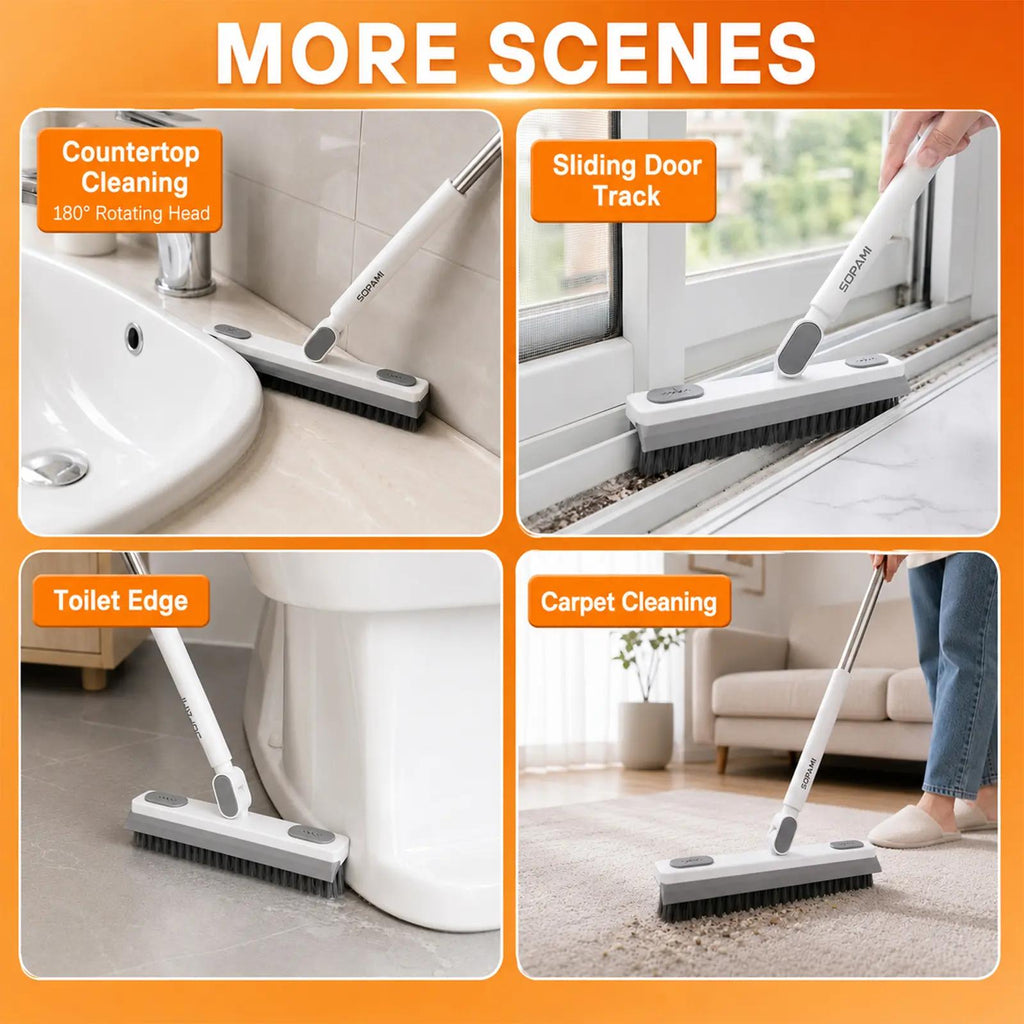 SOPAMI 360° Rotating Floor Scrub Brush with Adjustable Long Handle, Heavy-Duty Cleaning Brush for Tile, Bathroom, Kitchen and Hard Floors
