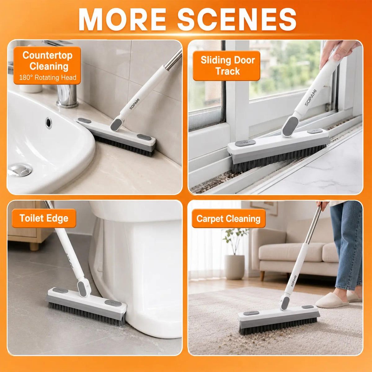 SOPAMI 360° Rotating Floor Scrub Brush with Adjustable Long Handle, Heavy-Duty Cleaning Brush for Tile, Bathroom, Kitchen and Hard Floors