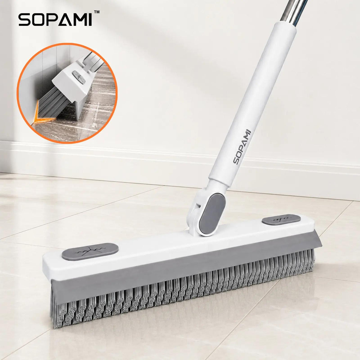 SOPAMI 360° Rotating Floor Scrub Brush with Adjustable Long Handle, Heavy-Duty Cleaning Brush for Tile, Bathroom, Kitchen and Hard Floors
