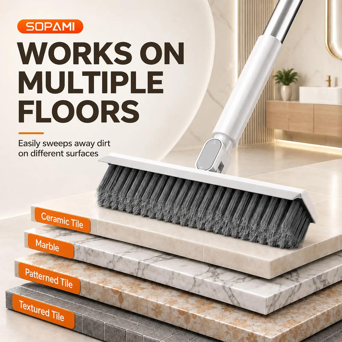SOPAMI 360° Rotating Floor Scrub Brush with Adjustable Long Handle, Heavy-Duty Cleaning Brush for Tile, Bathroom, Kitchen and Hard Floors