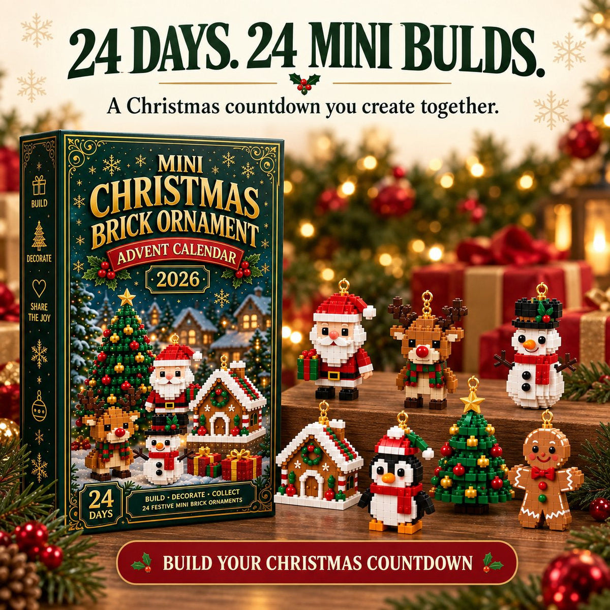 24-Day Christmas Building Block Advent Calendar | 24 Mini Christmas Ornaments | DIY Hanging Decorations for Christmas Trees, Wreaths and Holiday Displays