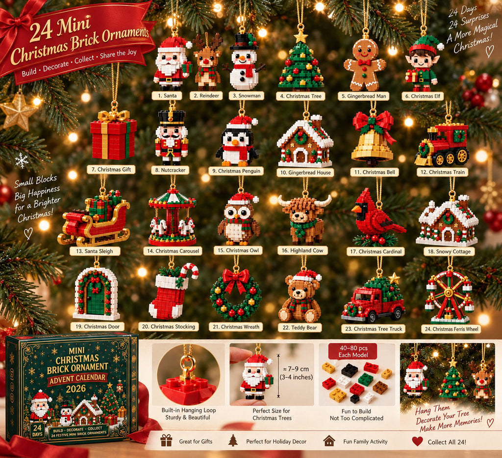 24-Day Christmas Building Block Advent Calendar | 24 Mini Christmas Ornaments | DIY Hanging Decorations for Christmas Trees, Wreaths and Holiday Displays