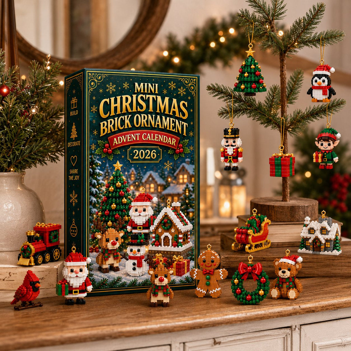 24-Day Christmas Building Block Advent Calendar | 24 Mini Christmas Ornaments | DIY Hanging Decorations for Christmas Trees, Wreaths and Holiday Displays