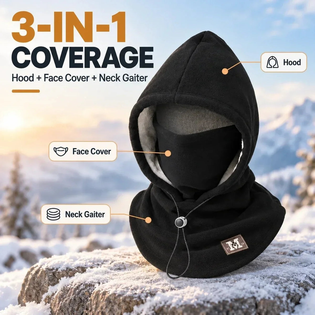 3-in-1 Fleece Balaclava Winter Face & Neck Warmer with Adjustable Hood